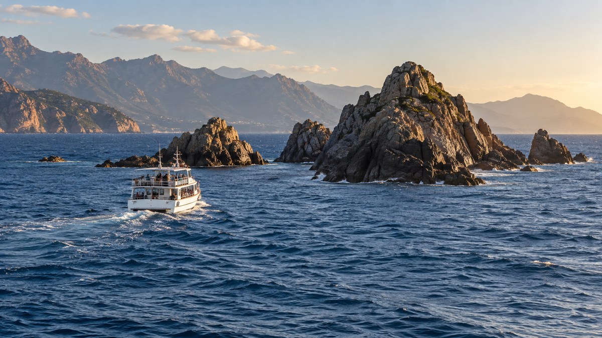 Bateau d’excursion au large d’îlots rocheux dans le golfe d’Ajaccio