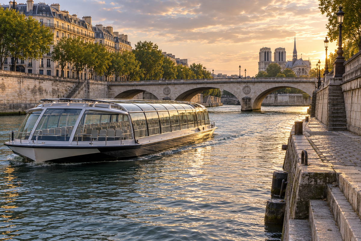 Bateau de croisière à toiture vitrée près d’un quai de pierre parisien, dans la lumière dorée de fin d’après-midi.