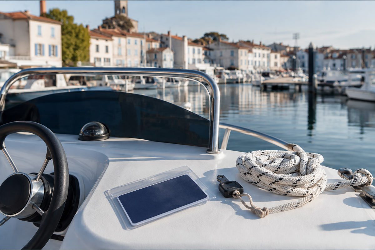 Carte sans inscription et clé de bateau sur le pont d'un bateau avant une location