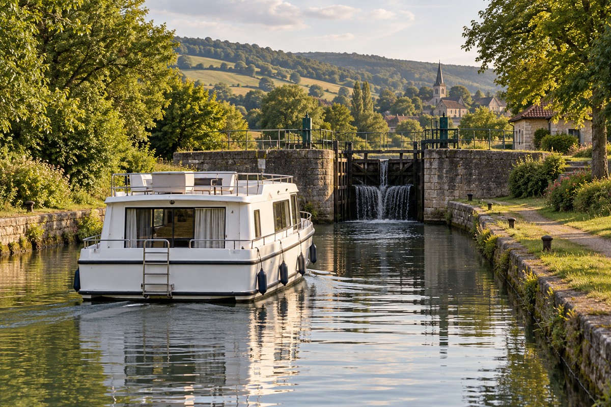 Péniche blanche naviguant vers une écluse sur un canal calme