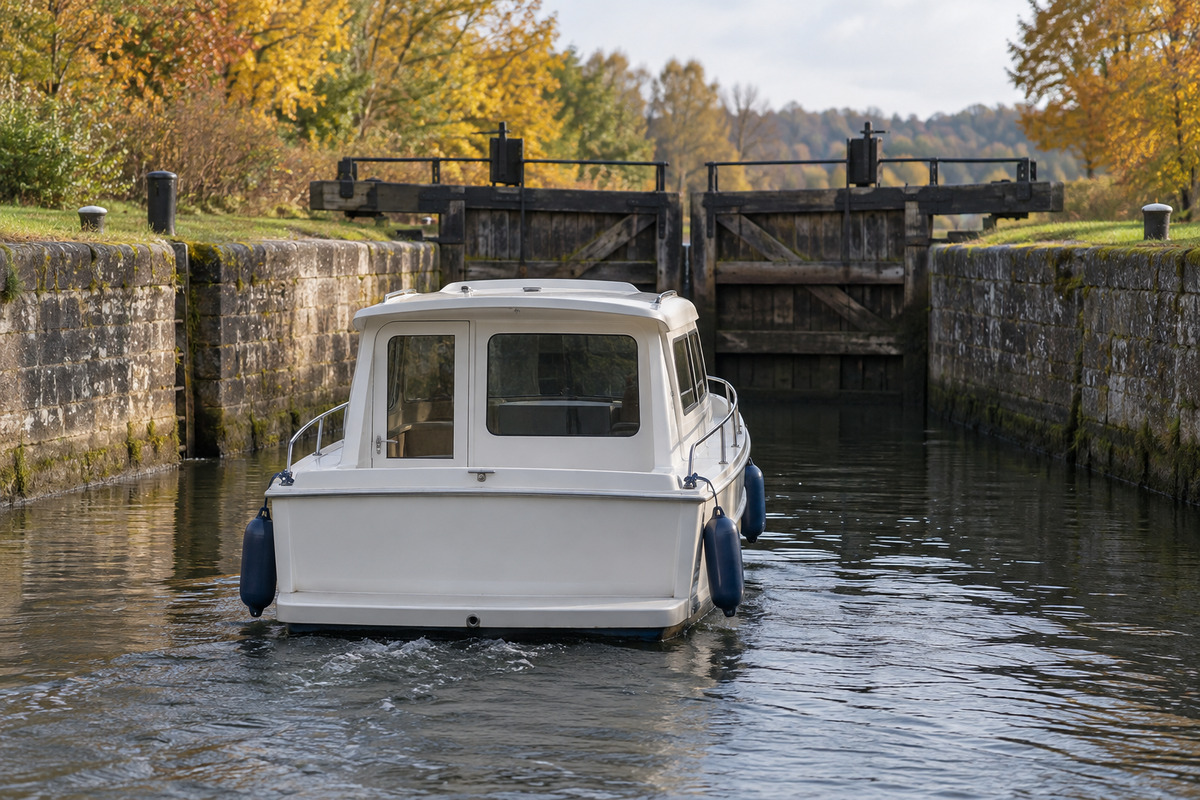 Bateau de plaisance blanc vu de l’arrière devant des portes d’écluse en bois, entre des murs de pierre ; illustration fictive.