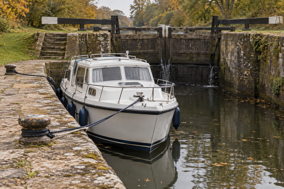Péniche de plaisance amarrée devant les portes d’une écluse, illustration générique.
