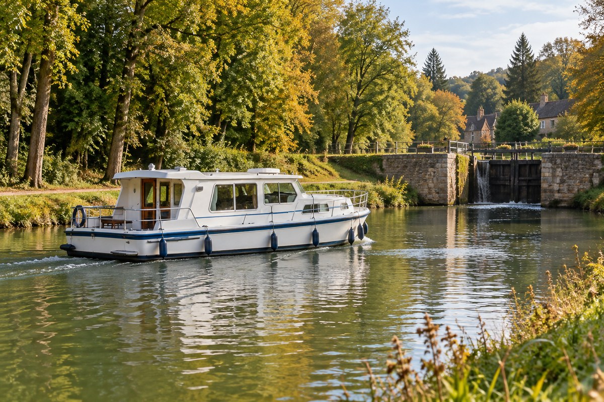 Bateau habitable avançant sur un canal arboré devant une écluse