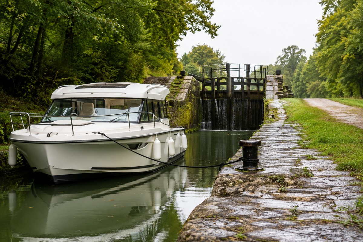 Bateau fluvial amarré devant une écluse en pierre sur le canal de Nantes à Brest