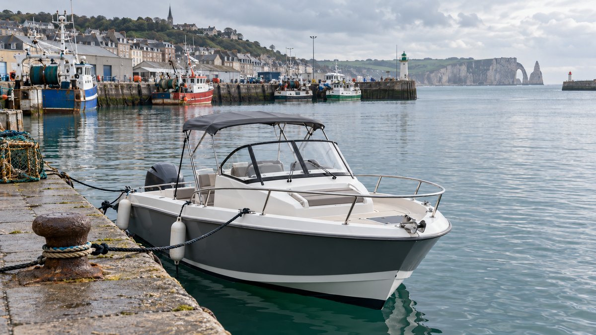 Bateau à moteur sans marquage amarré le long d’un quai