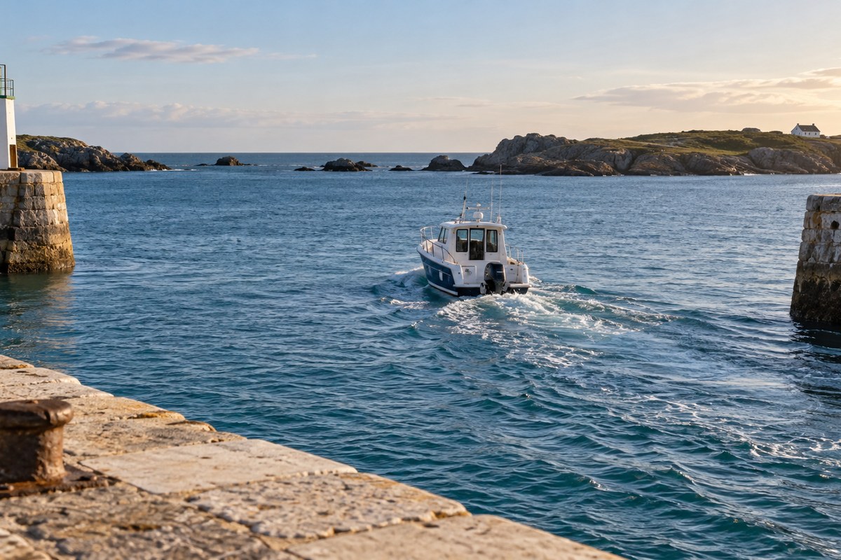 Bateau quittant une passe entre deux jetées vers la côte rocheuse
