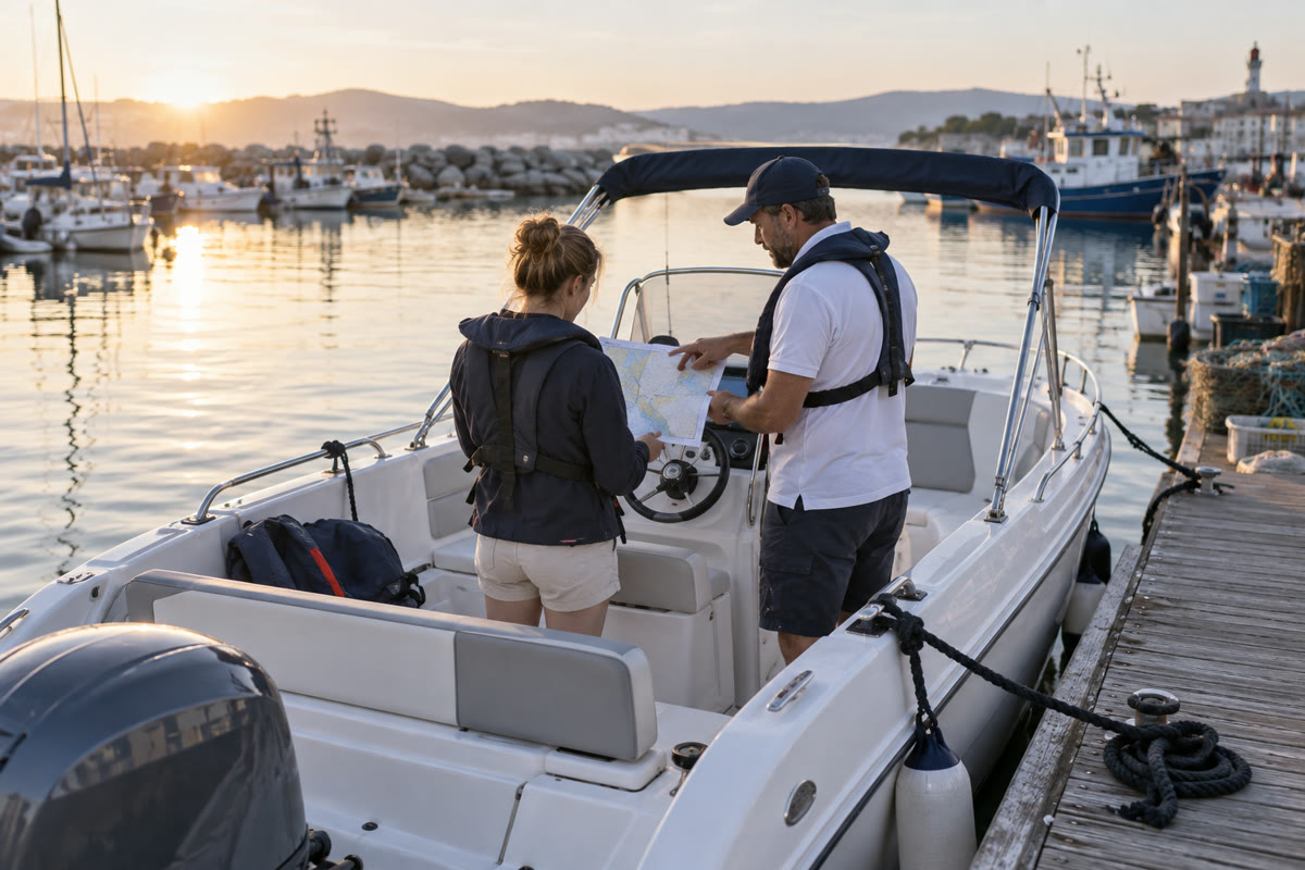 Un loueur montre une carte de navigation avant le départ d’un bateau amarré au quai.