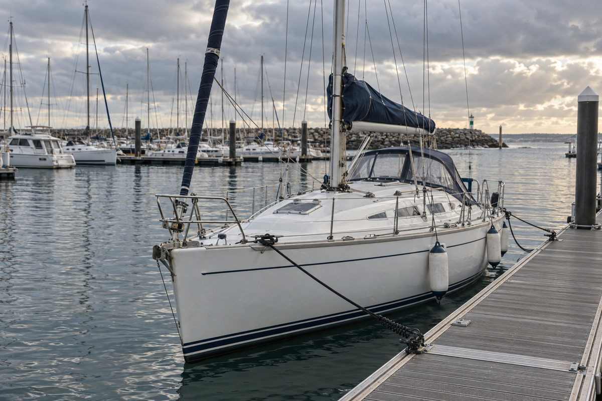 Voilier blanc amarré à un ponton, avec pare-battages et amarres, sous un ciel nuageux dans un port de plaisance non identifié.
