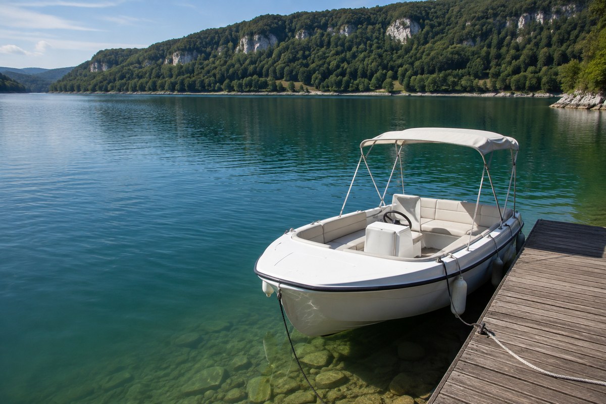 Bateau blanc de location vide, attaché à un ponton sur un lac entouré de forêt