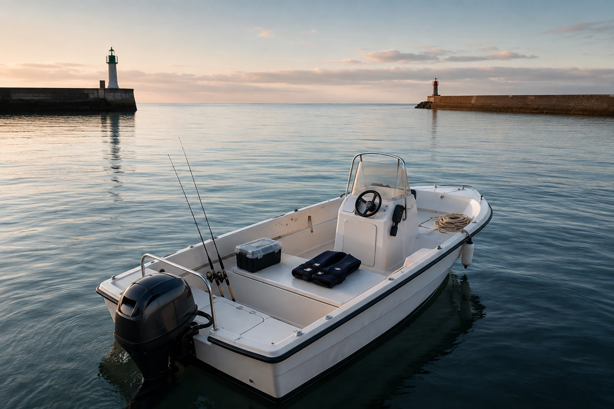 Bateau de pêche blanc vide près de l'entrée d'un port, avec cannes rangées et gilets à bord