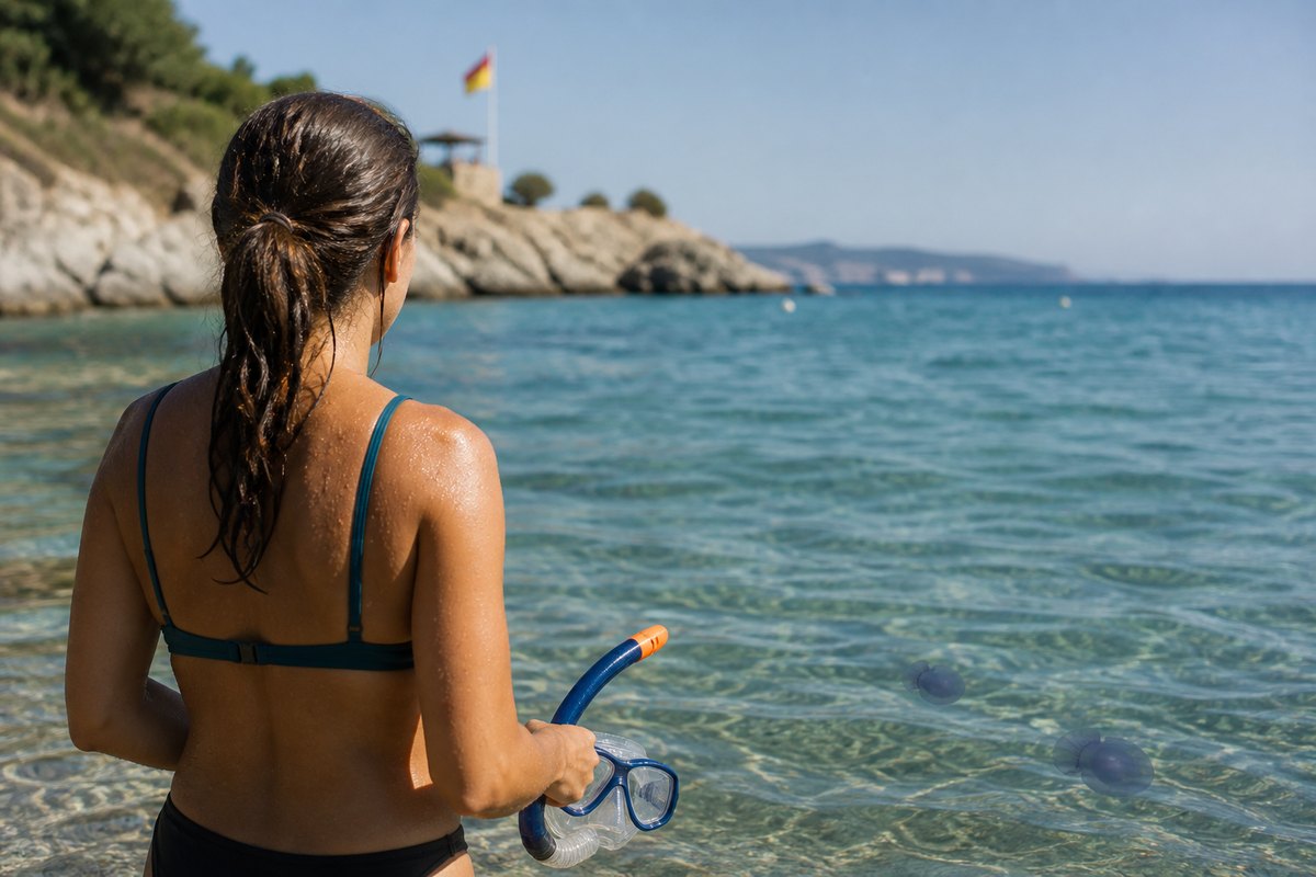 Snorkeleuse au bord de l’eau avant une sortie en Méditerranée
