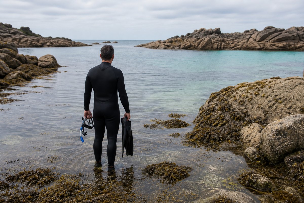 Snorkeleur préparant une mise à l’eau sur une côte rocheuse de Bretagne nord
