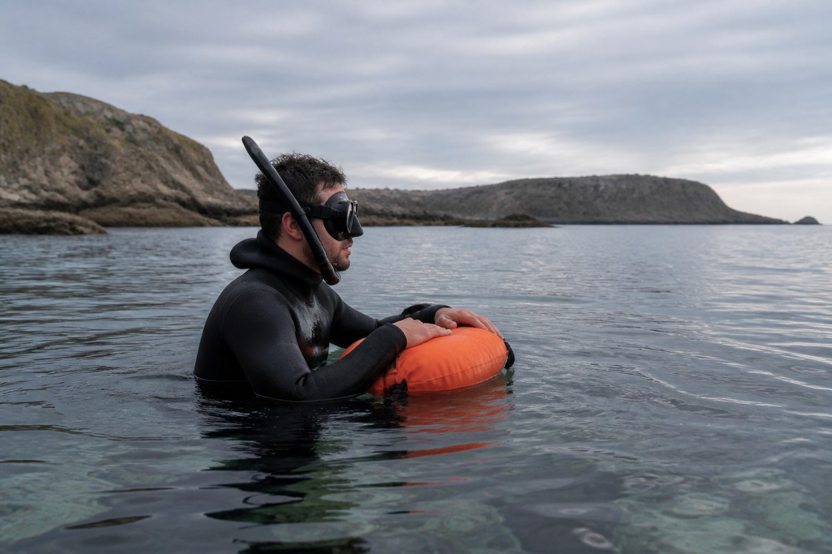 Snorkeleur équipé d’une combinaison intégrale dans une eau fraîche près du rivage