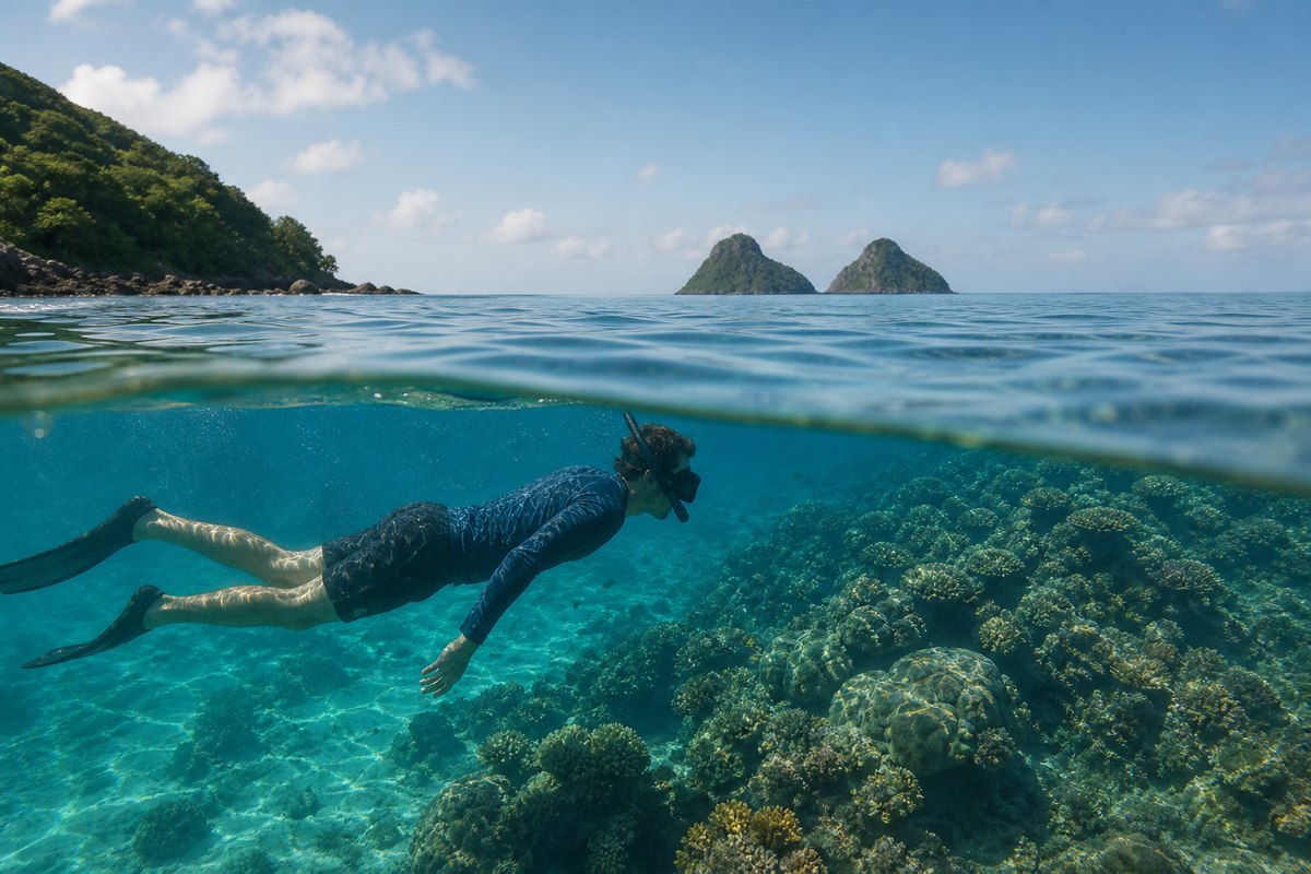 Snorkeleur observant un récif guadeloupéen à distance