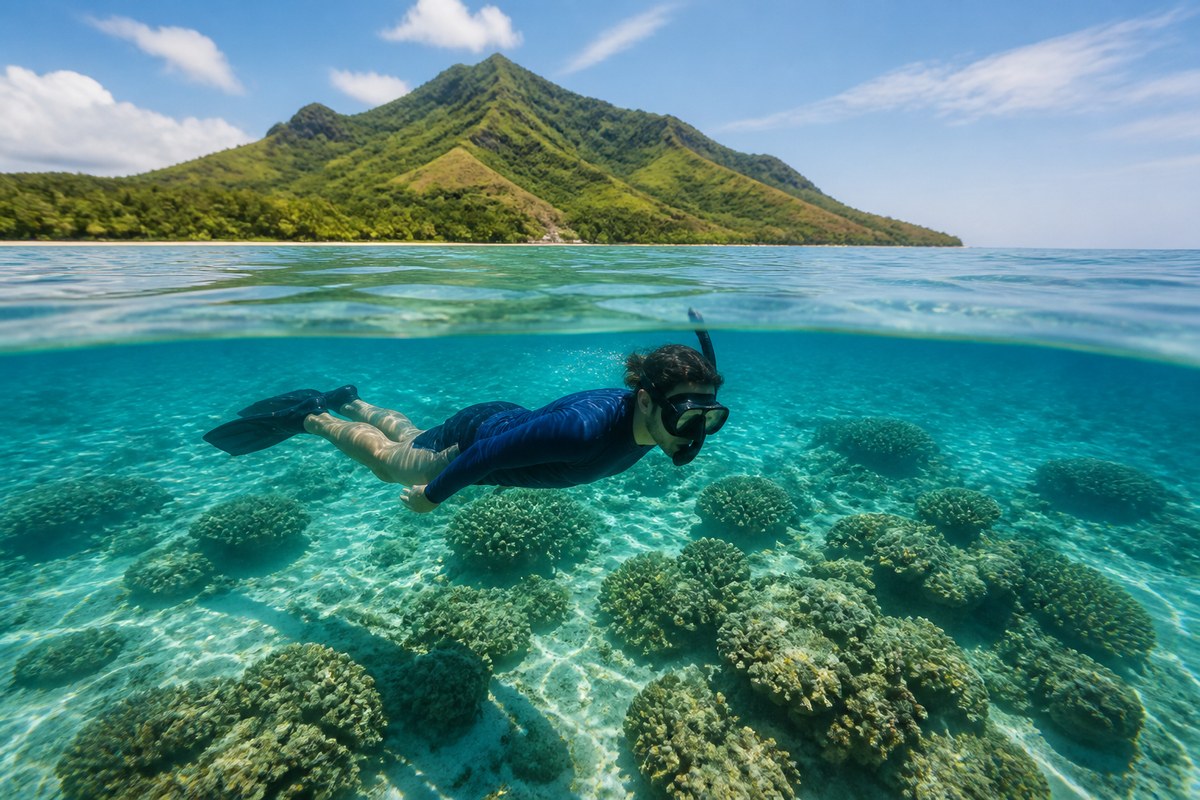 Snorkeleur en surface au-dessus d’un récif tropical, illustrant une sortie préparée selon les conditions locales